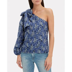 Ulla Johnson Enid Blue Floral One Shoulder Silk Blend Blouse  - Bow Asymmetrical